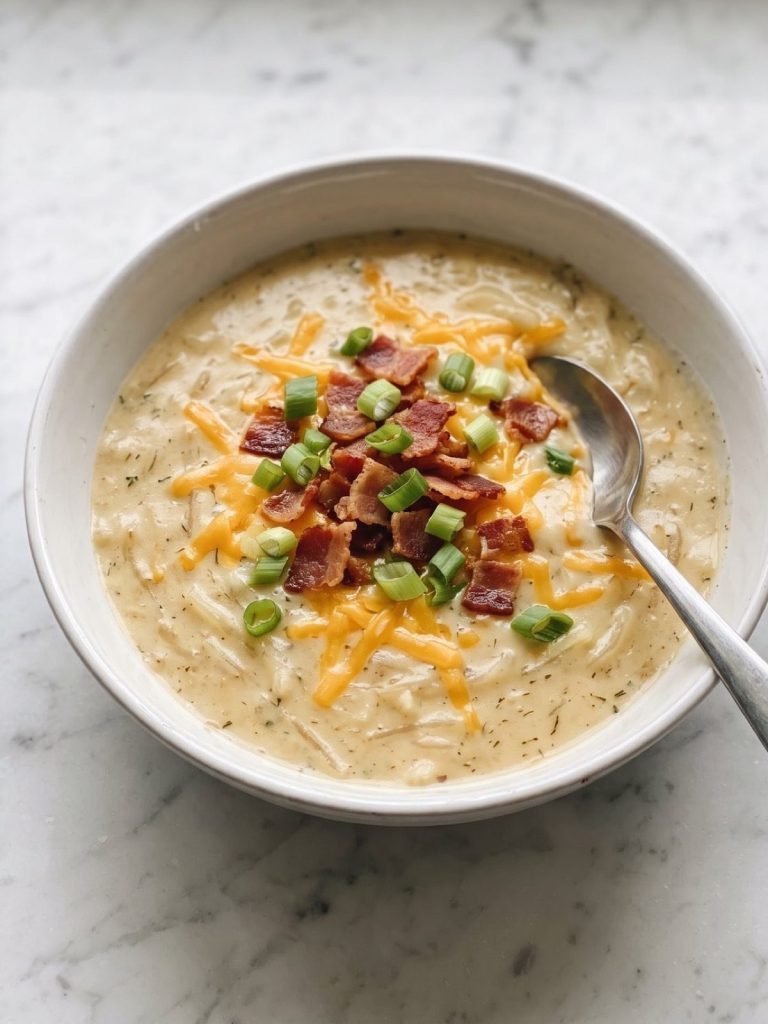 A bowl of creamy crack potato soup topped with cheddar, bacon and green onions