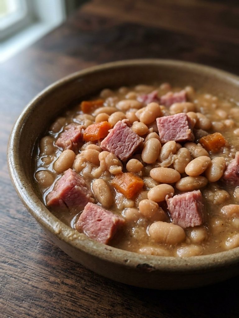 Close view of whole Great Northern beans and diced ham in creamy broth.