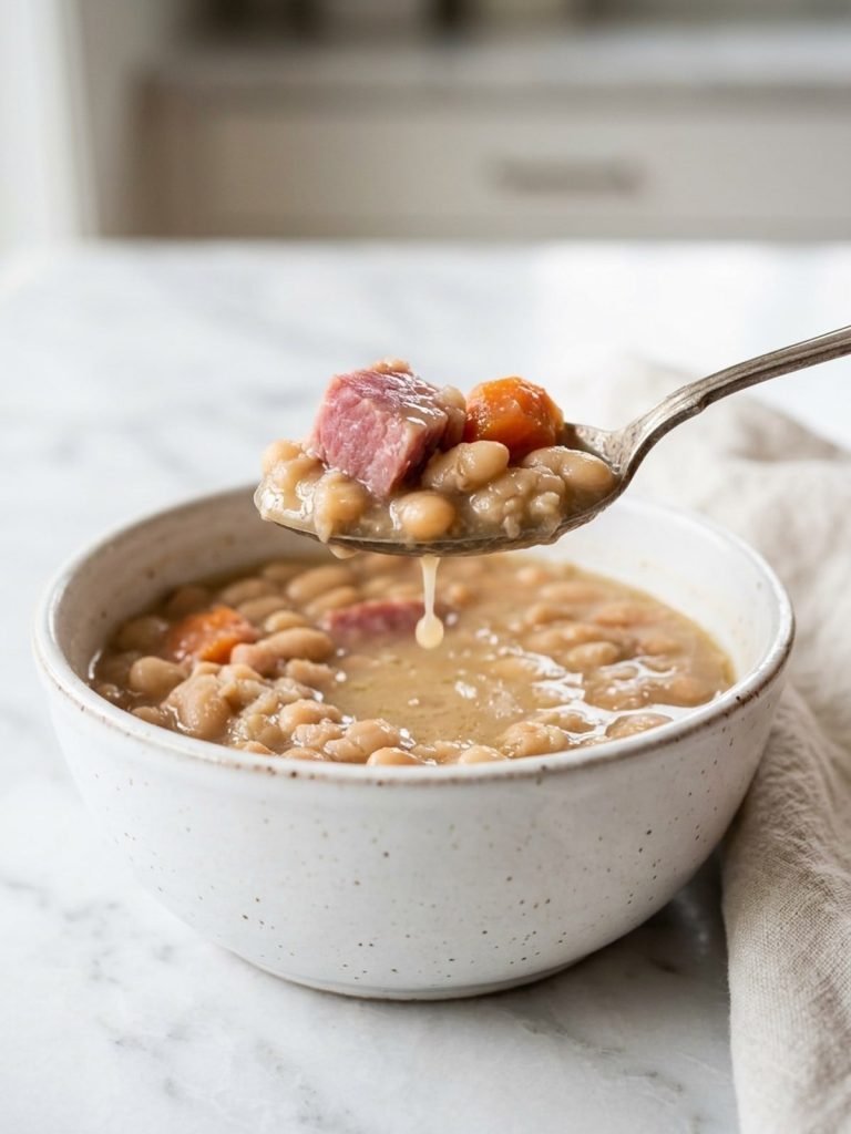Close side view of a spoon lifting creamy ham and beans from a bowl, tender beans and a chunk of ham on the spoon