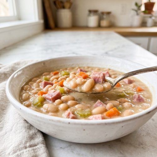 Bowl of creamy crock pot ham and beans with chunks of ham and diced carrot, a spoon lifting some from the bowl