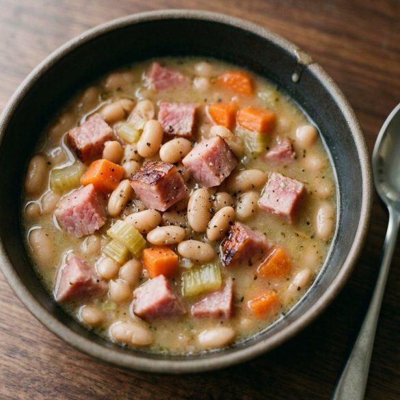 A bowl of creamy Great Northern beans with diced ham and vegetables, ready to eat.