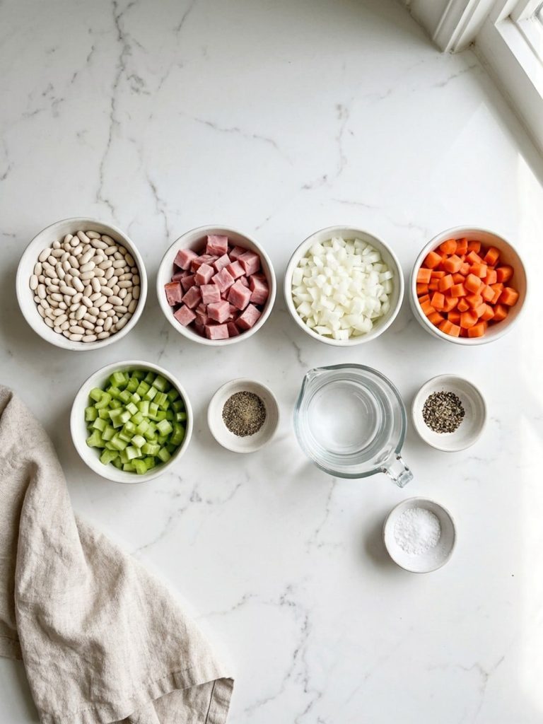 Overhead flat lay of dried Great Northern beans, diced ham, onion, carrot, celery, garlic, water, salt and pepper in small bowls on marble