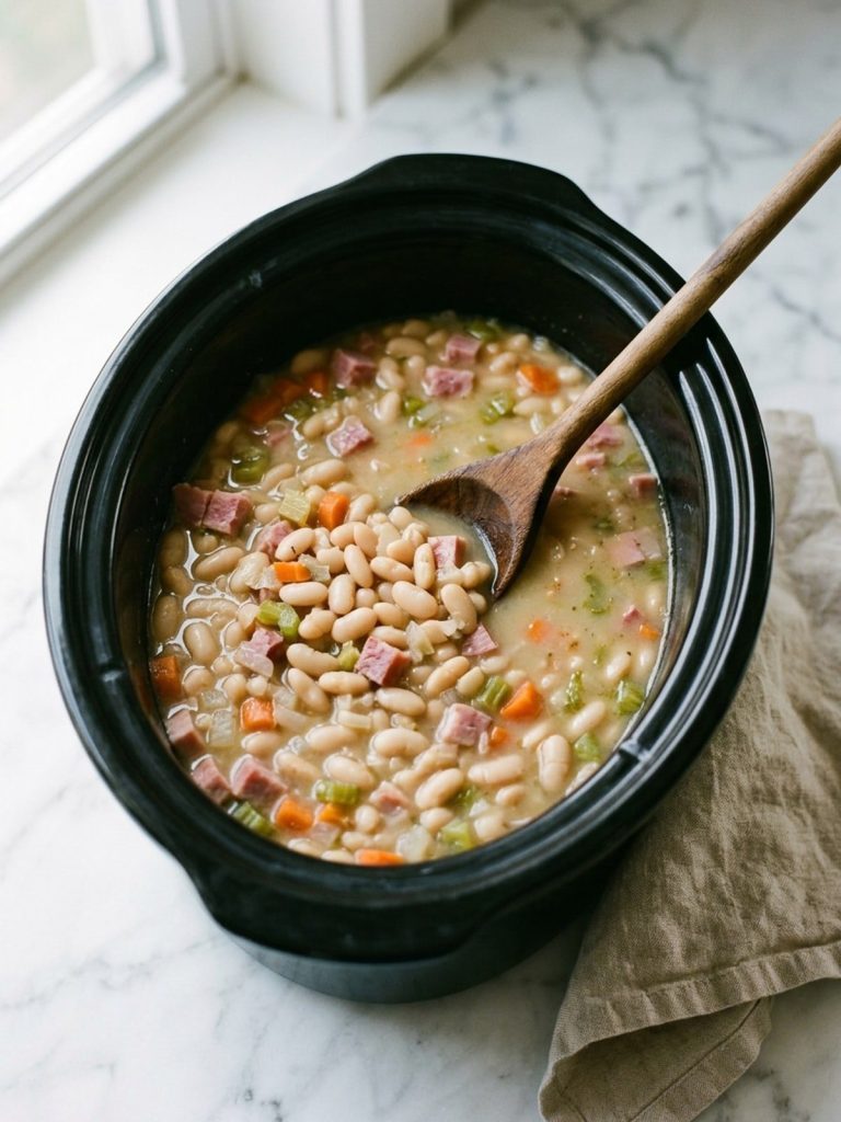 Slow cooker insert with lid off, ham and beans mid-cook, beans tender in creamy broth with ham and carrot showing
