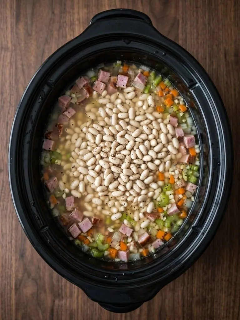Step 2: Dry Great Northern beans, diced ham and vegetables sit in water in the slow cooker.