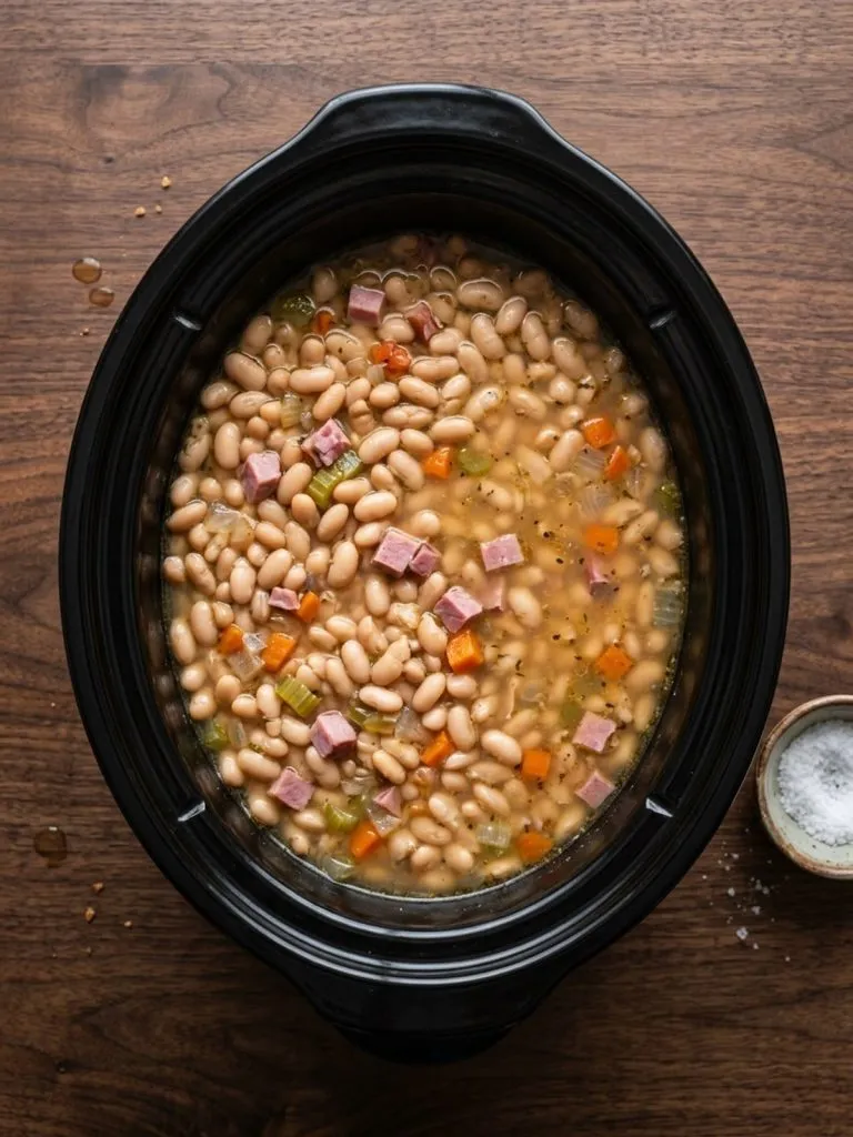 Step 3: Tender, plump Great Northern beans and diced ham sit in broth after slow cooking.