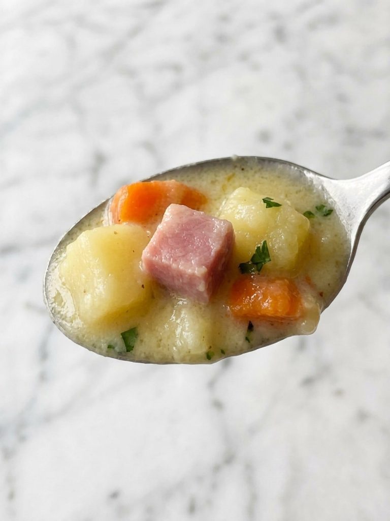 Close view of a spoonful of creamy potato soup with ham and carrots