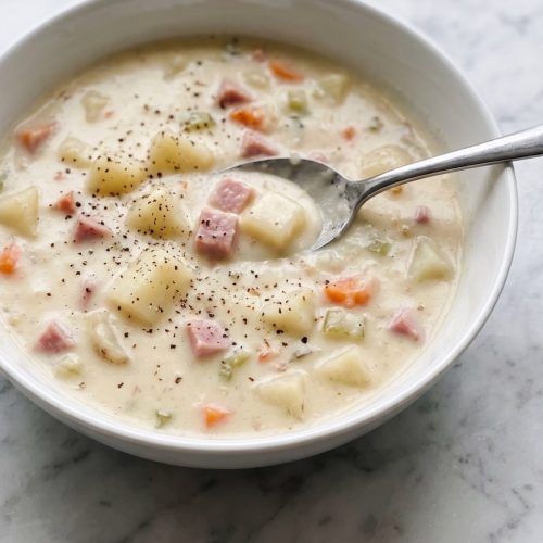 A bowl of creamy ham and potato soup with diced ham, potatoes and carrots