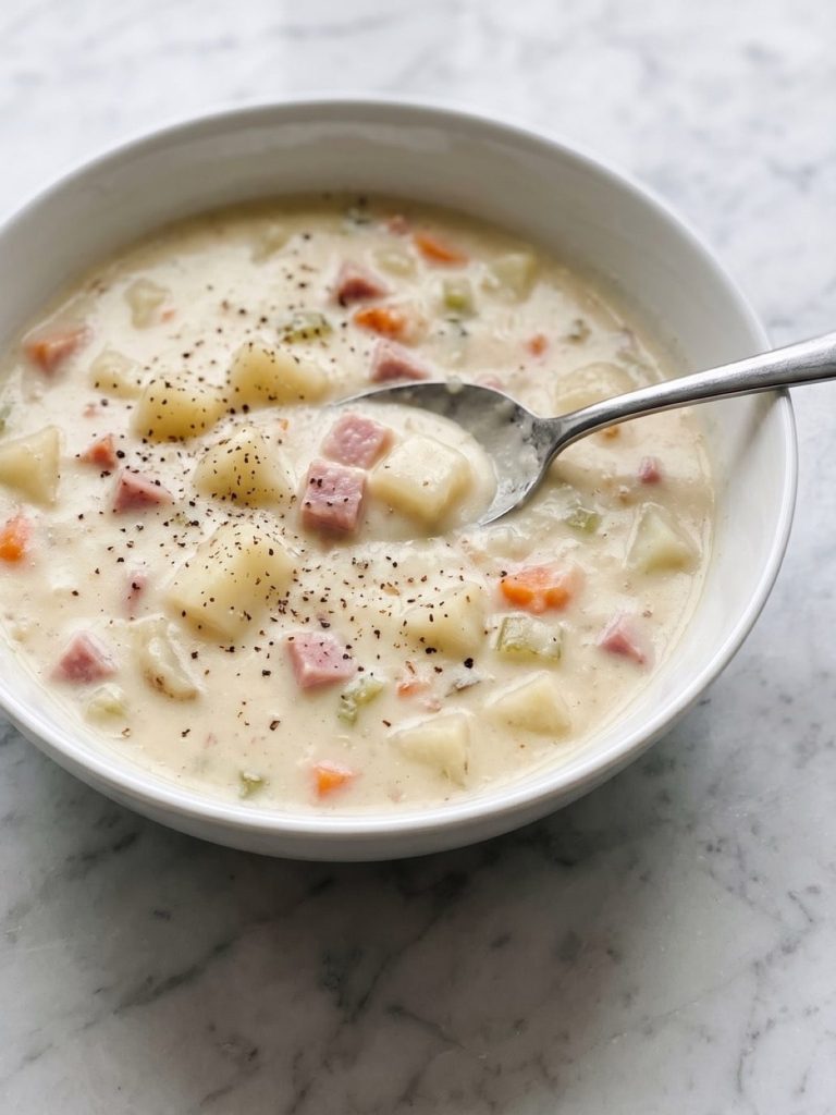 A bowl of creamy ham and potato soup with diced ham, potatoes and carrots