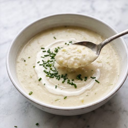 A white bowl of creamy potato leek soup with a swirl of cream and chopped chives, a spoon lifting some out