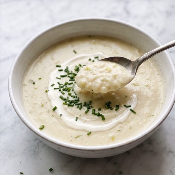 A white bowl of creamy potato leek soup with a swirl of cream and chopped chives, a spoon lifting some out