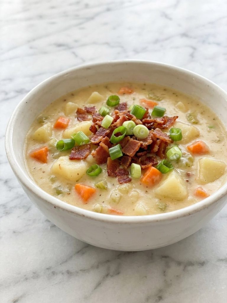 Close-up of a bowl of creamy potato soup with bacon, carrots and potato chunks