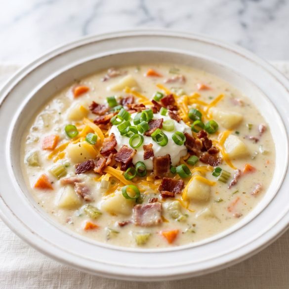 A bowl of thick creamy potato soup with carrots, celery and bacon, topped with cheddar and green onions