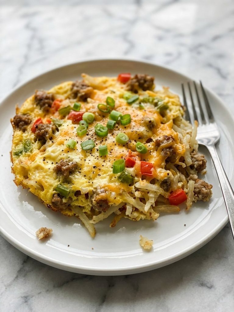 A serving of crockpot breakfast casserole on a plate showing set egg, hash browns, sausage, peppers and melted cheddar