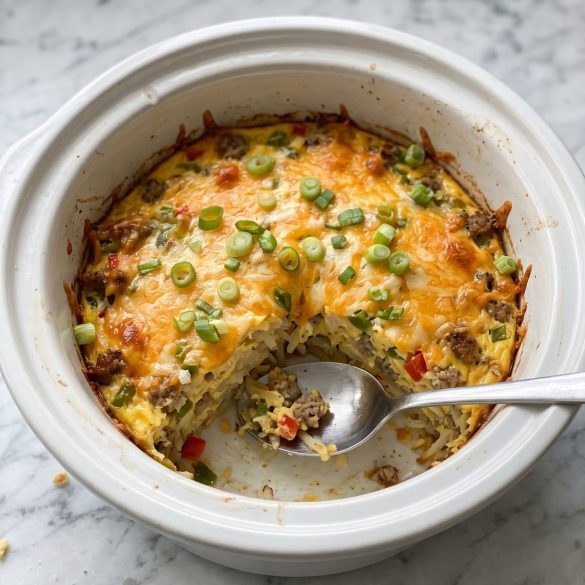 Crockpot breakfast casserole in a white slow cooker crock with one serving scooped out to show hash browns, sausage, peppers and egg