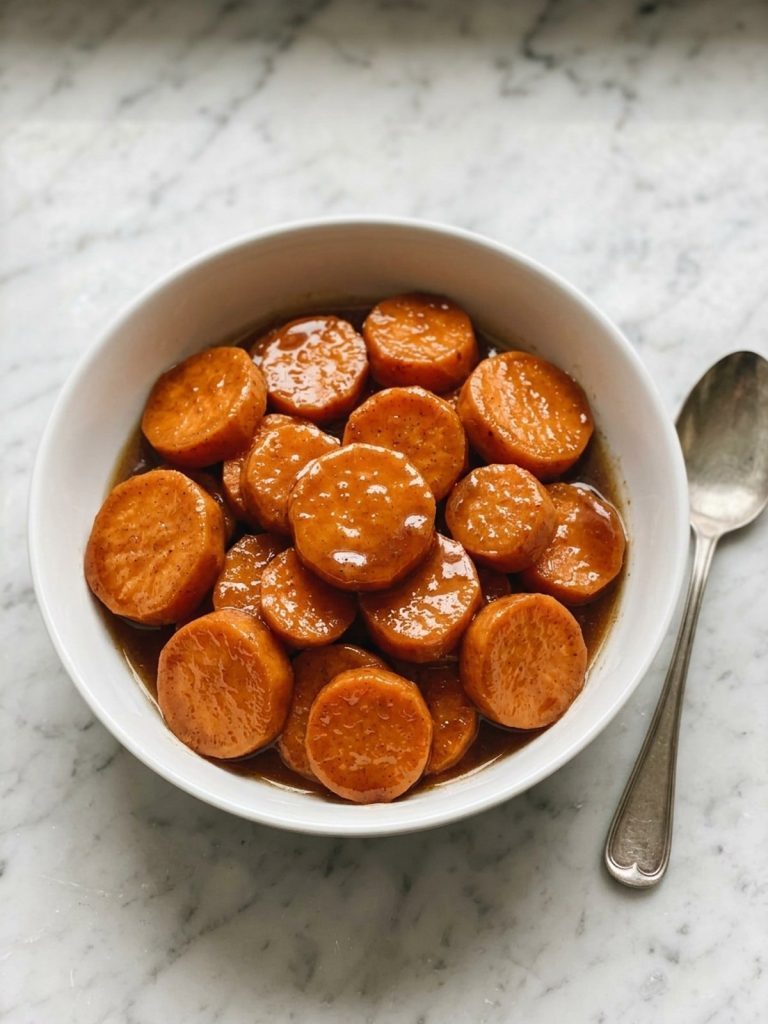 A white bowl filled with tender candied sweet potato slices glossy with brown sugar syrup
