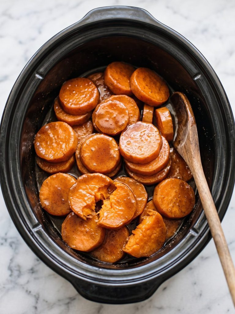Glossy candied sweet potato slices in brown sugar syrup in a black slow cooker with a wooden spoon
