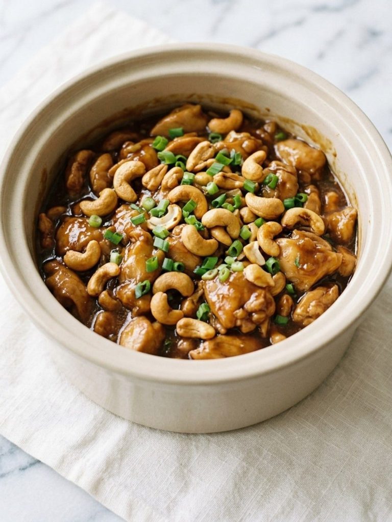 A slow cooker crock of cashew chicken in brown sauce with cashews on top