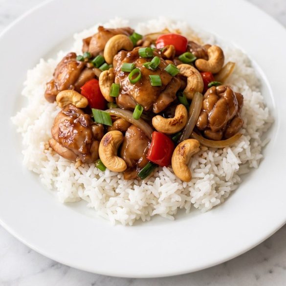 A plate of cashew chicken in a glossy brown sauce over white rice