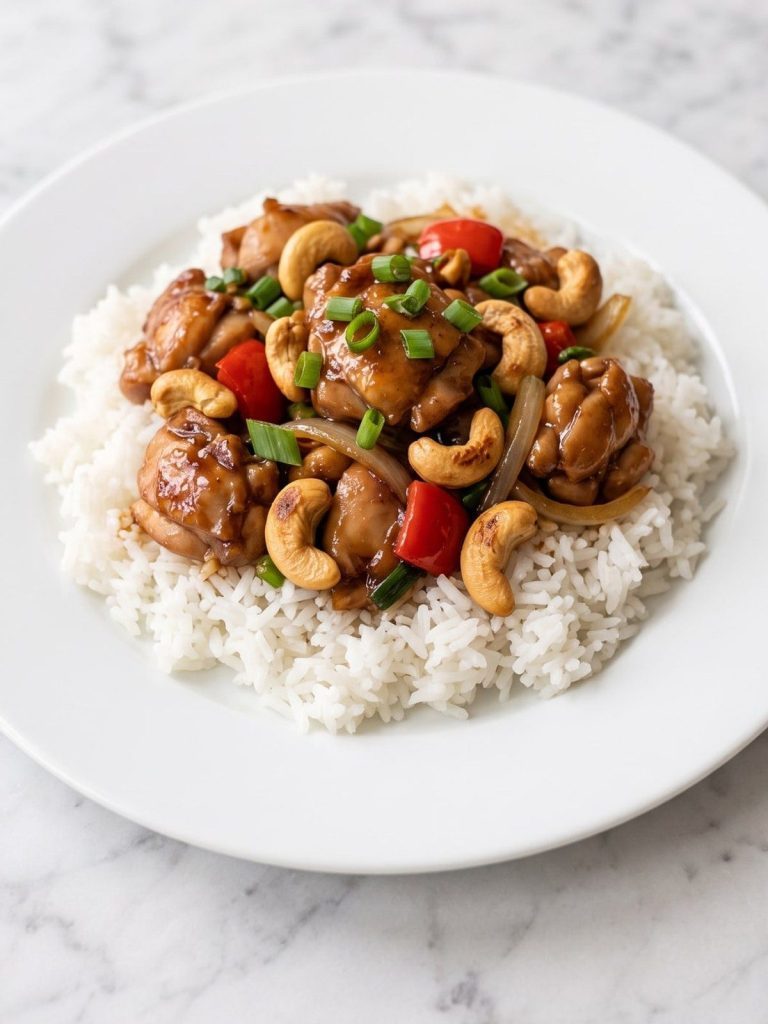 A plate of cashew chicken in a glossy brown sauce over white rice