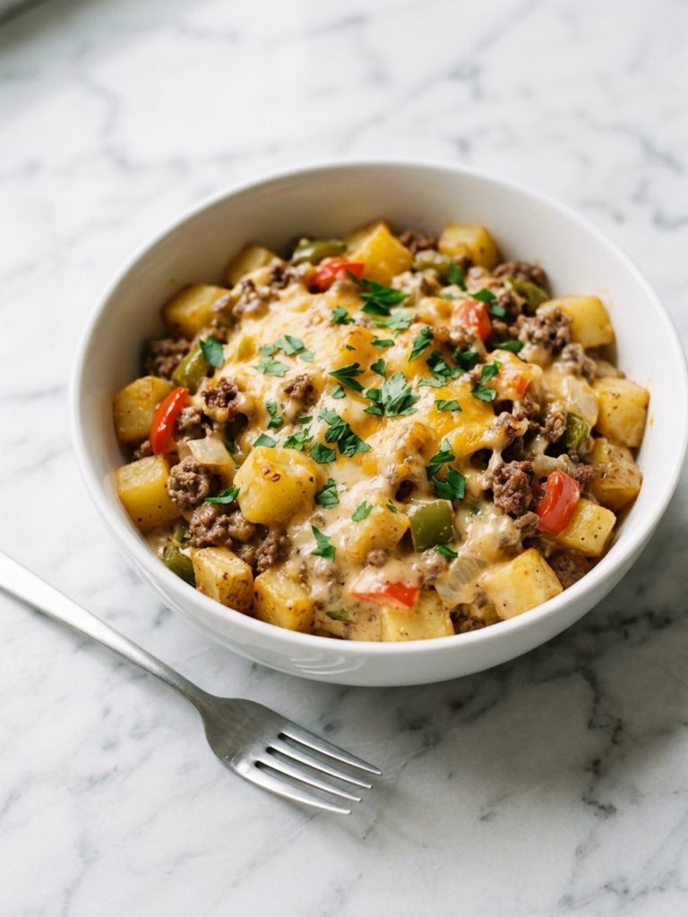 A white bowl filled with cheesesteak potato casserole: potato cubes, browned beef and red and green peppers in a creamy cheddar sauce