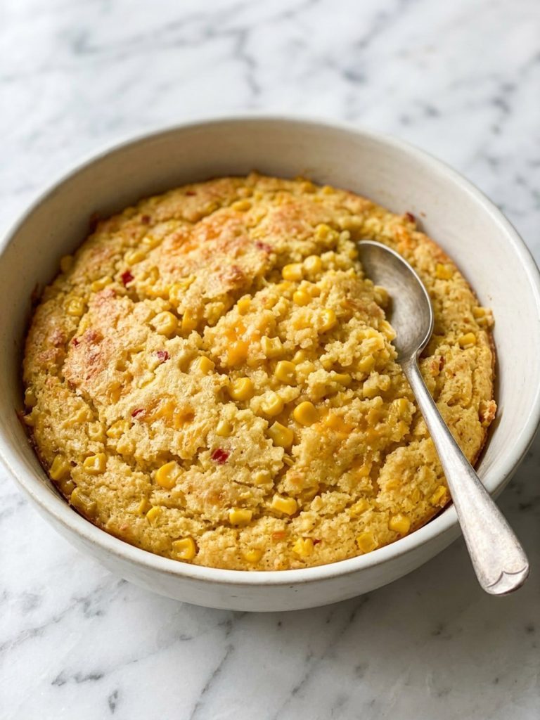 A white bowl filled with creamy corn casserole with whole corn kernels and cheddar