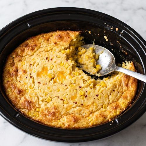 Corn casserole in a slow cooker with one corner scooped out to show the soft inside with whole corn kernels