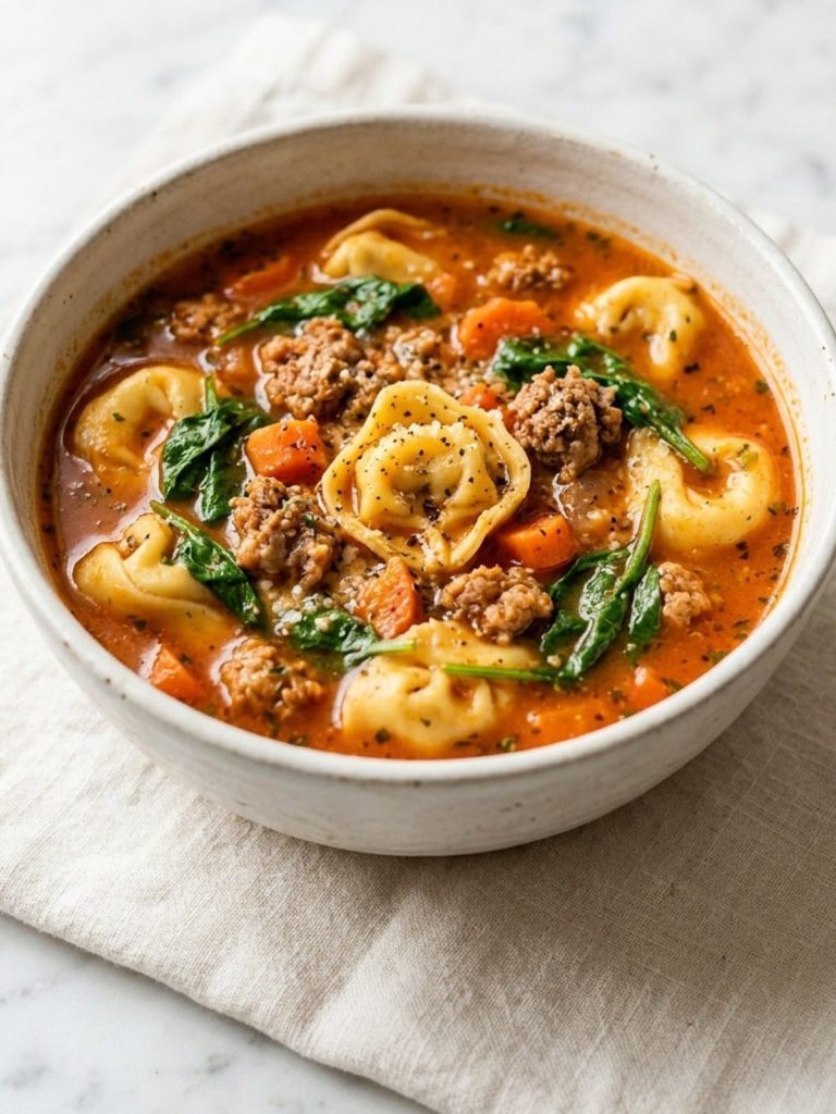 A slow cooker crock full of sausage tortellini soup with spinach