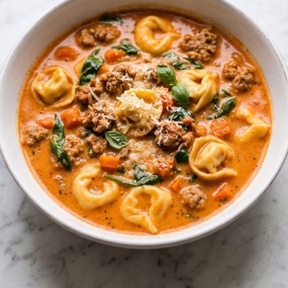 A bowl of tomato tortellini soup with Italian sausage, spinach and Parmesan