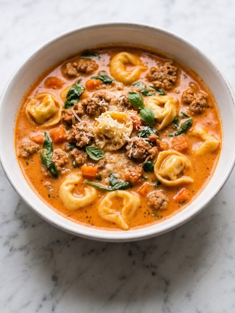 A bowl of tomato tortellini soup with Italian sausage, spinach and Parmesan