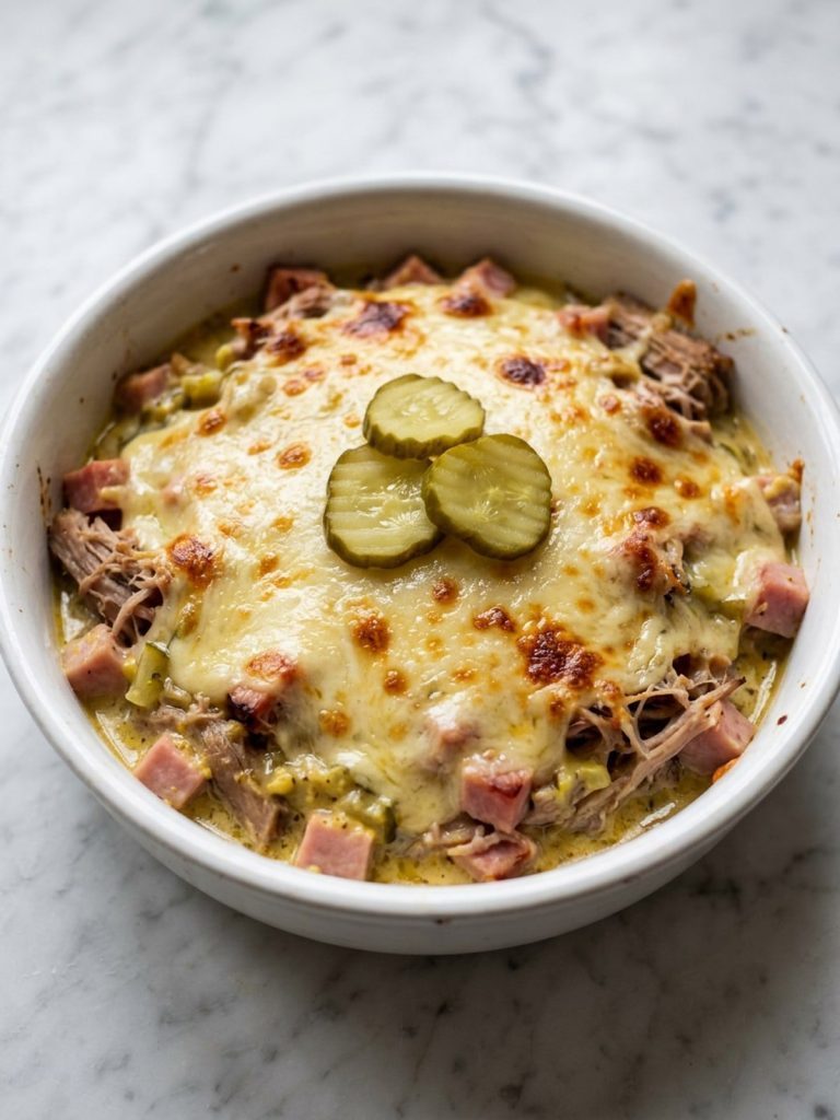 A white plate with a generous serving of Cuban casserole: shredded pork and ham in a creamy mustard sauce under melted Swiss cheese and dill pickle slices