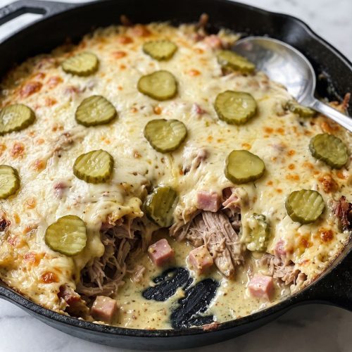 A cast iron skillet of Cuban casserole with melted golden Swiss cheese and dill pickle slices, one serving scooped out to show the pork and ham in a creamy sauce
