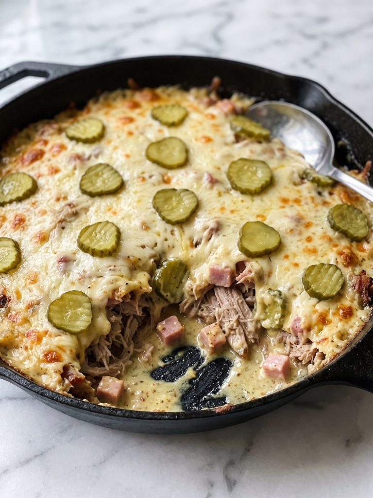 A cast iron skillet of Cuban casserole with melted golden Swiss cheese and dill pickle slices, one serving scooped out to show the pork and ham in a creamy sauce