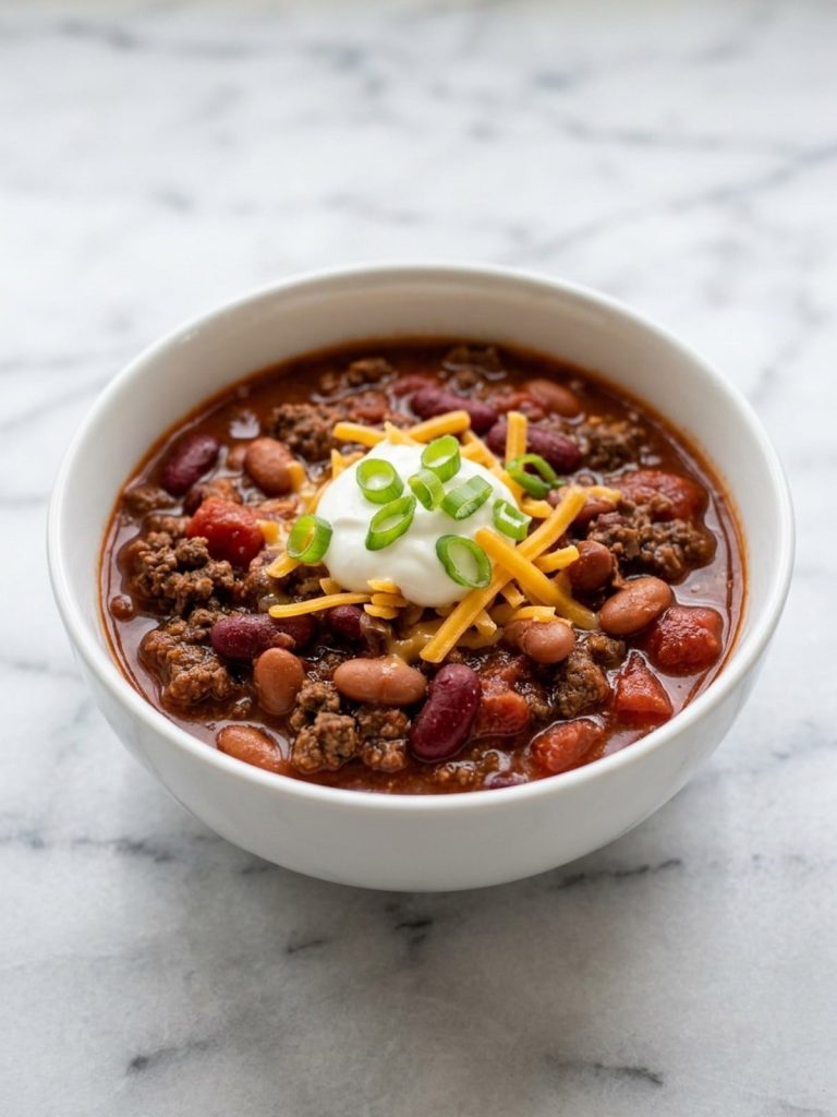 A bowl of venison chili topped with sour cream, shredded cheddar and green onion