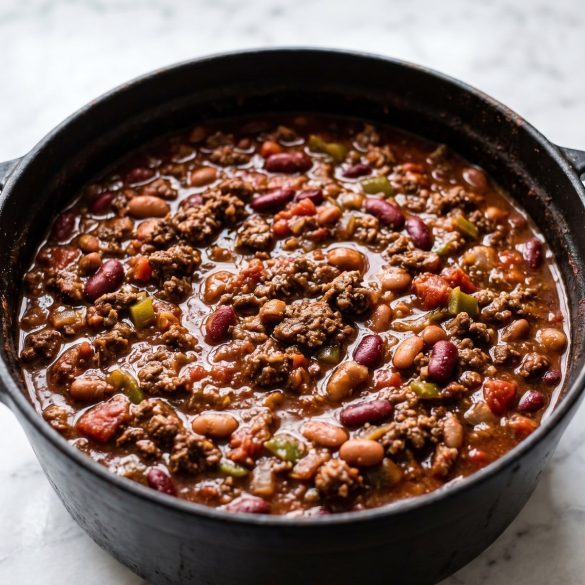 A pot of deer chili with ground venison, kidney and pinto beans and tomatoes
