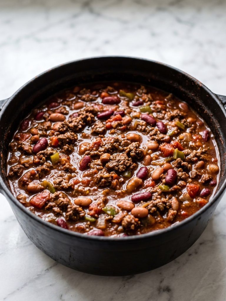 A pot of deer chili with ground venison, kidney and pinto beans and tomatoes