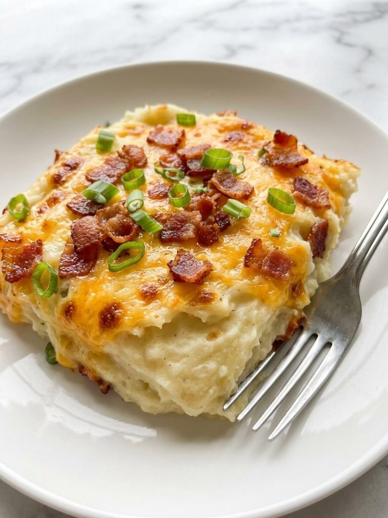 Close view of a serving of fluffy mashed potato casserole under melted cheddar, bacon bits and green onion