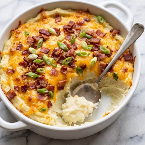 A dish of baked potato casserole topped with melted cheddar, bacon bits and green onion, with one scoop taken out