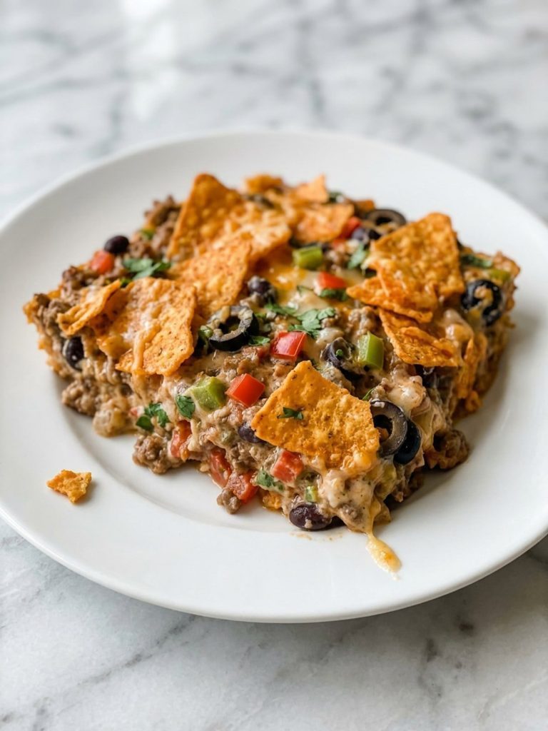 Close view of a served portion of Dorito casserole showing softened top chips and creamy beef filling