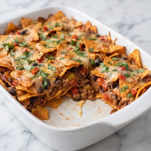 Dorito casserole in a baking dish with a portion scooped out to show the beef, beans, peppers and cheese