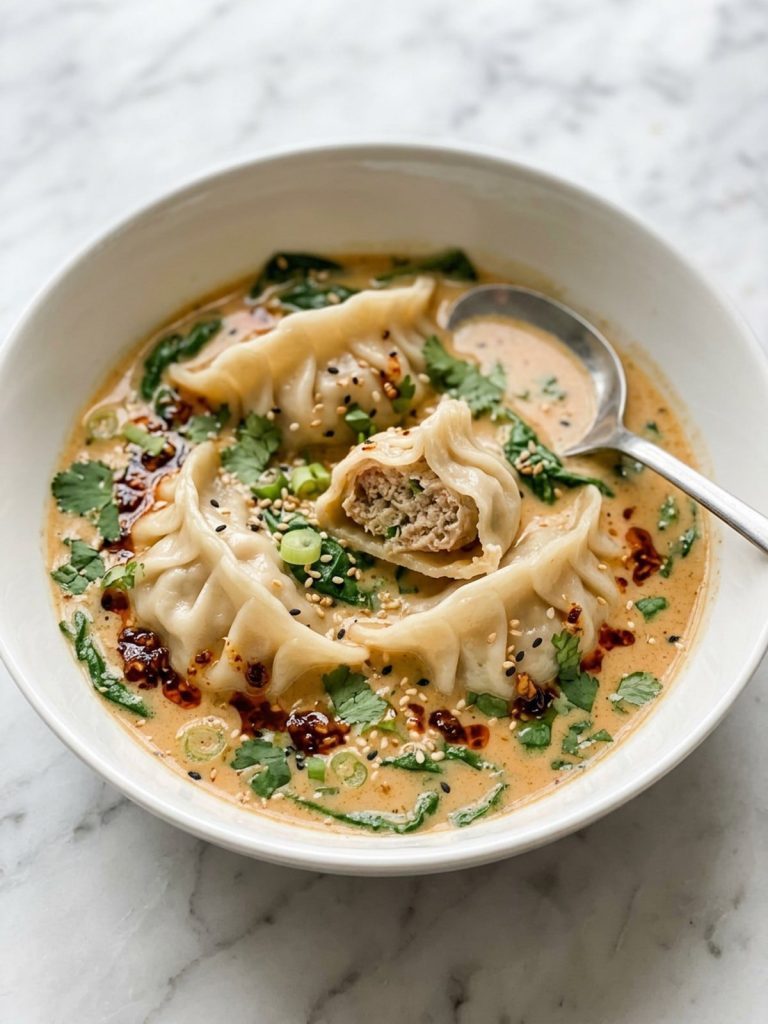 Close view of tender baked dumplings in a white bowl of coconut red curry broth with spinach and chili crisp