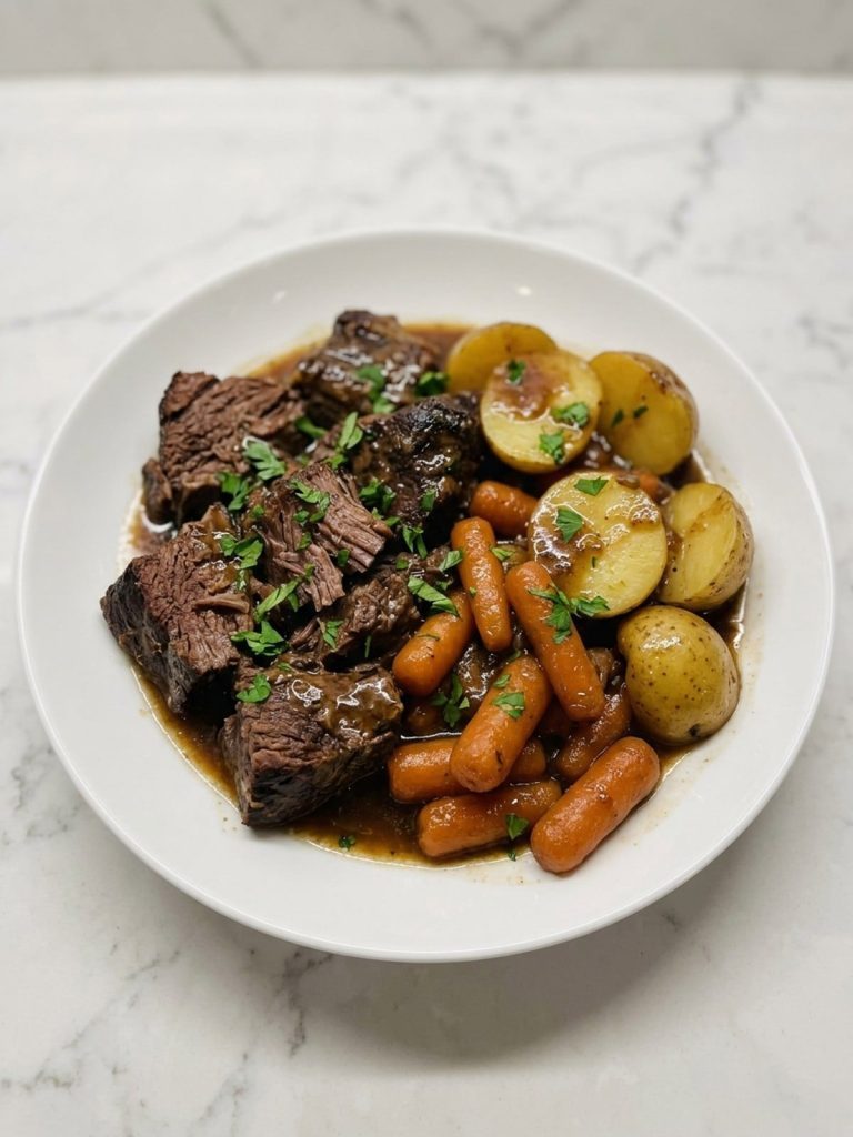 A plate of tender pot roast with carrots and potatoes in gravy