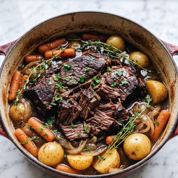 A pot roast with carrots and potatoes in a Dutch oven