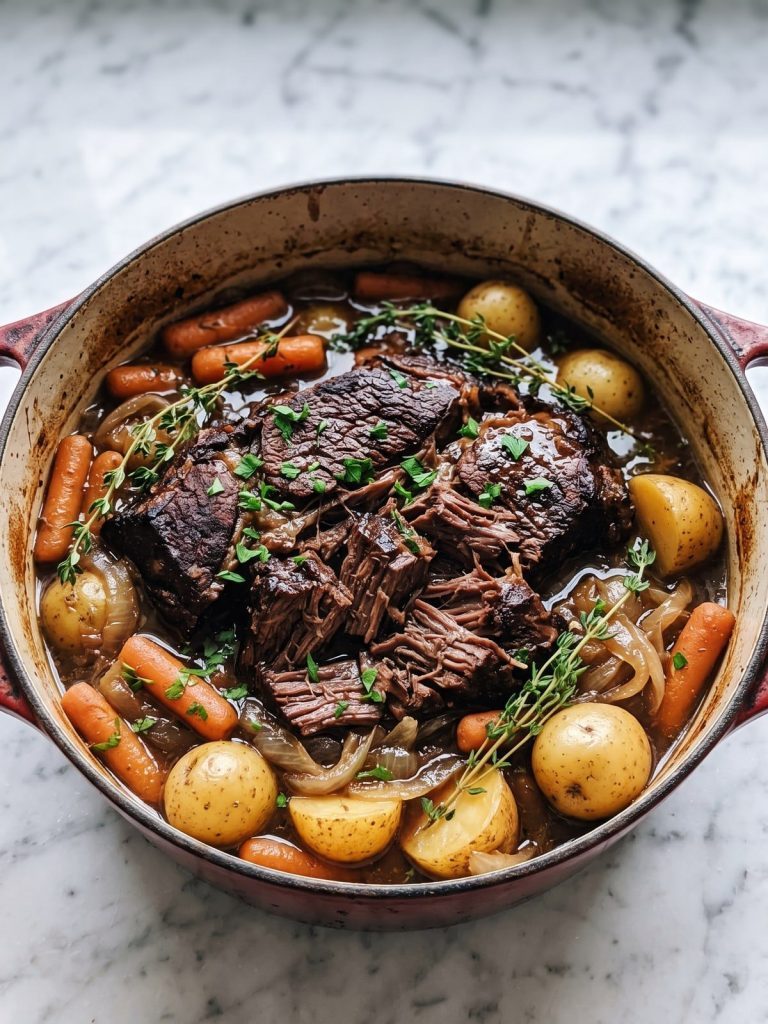 A pot roast with carrots and potatoes in a Dutch oven
