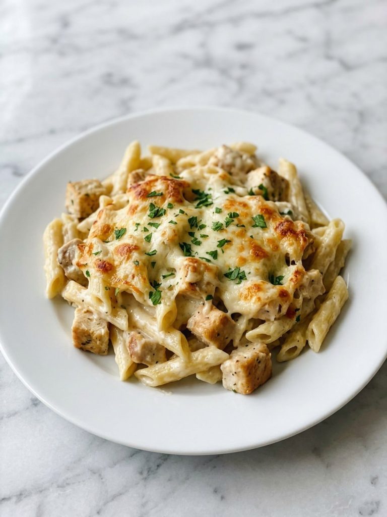 A plate of creamy chicken alfredo penne bake with melted cheese