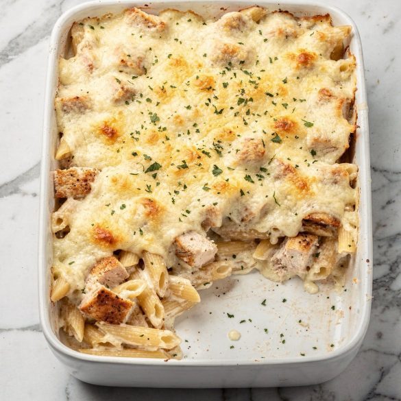 Chicken alfredo casserole with penne under bubbly melted mozzarella and Parmesan in a baking dish