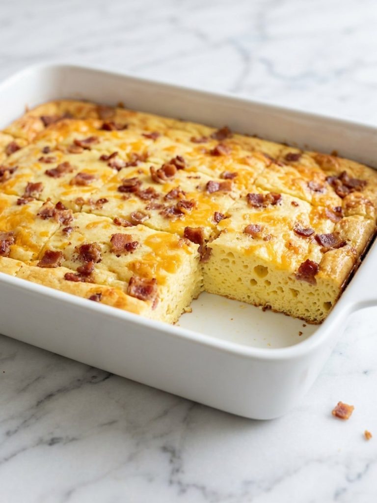 A 9x13 dish of egg and bacon casserole cut into squares with one square lifted out