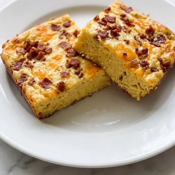 A square of baked egg and bacon casserole with cheddar on a plate