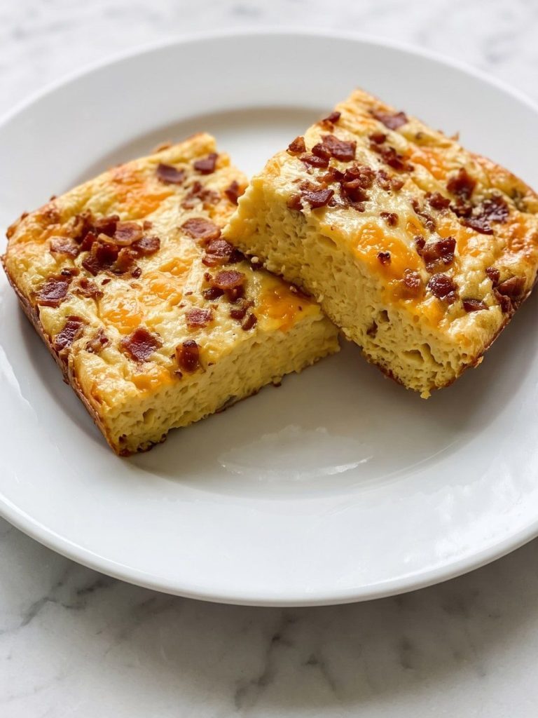 A square of baked egg and bacon casserole with cheddar on a plate