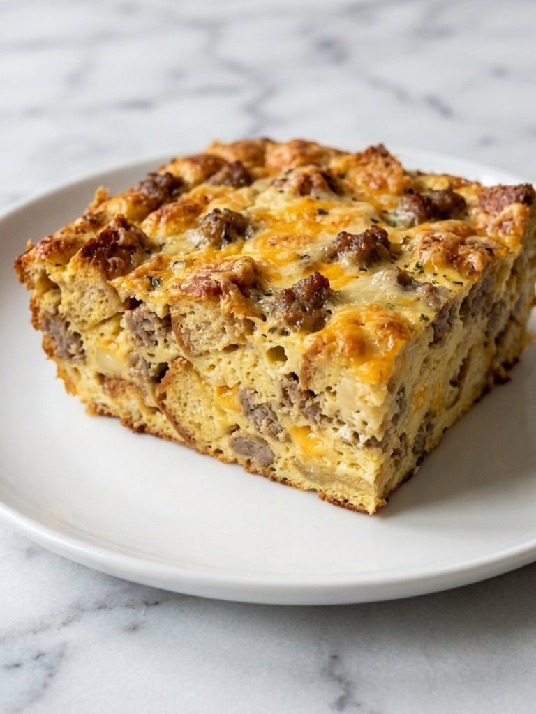 Close view of a square of crouton egg bake showing sausage and melted cheese