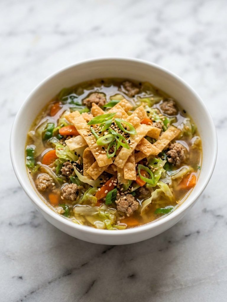A bowl of egg roll soup topped with crispy wonton strips, green onions and sesame seeds